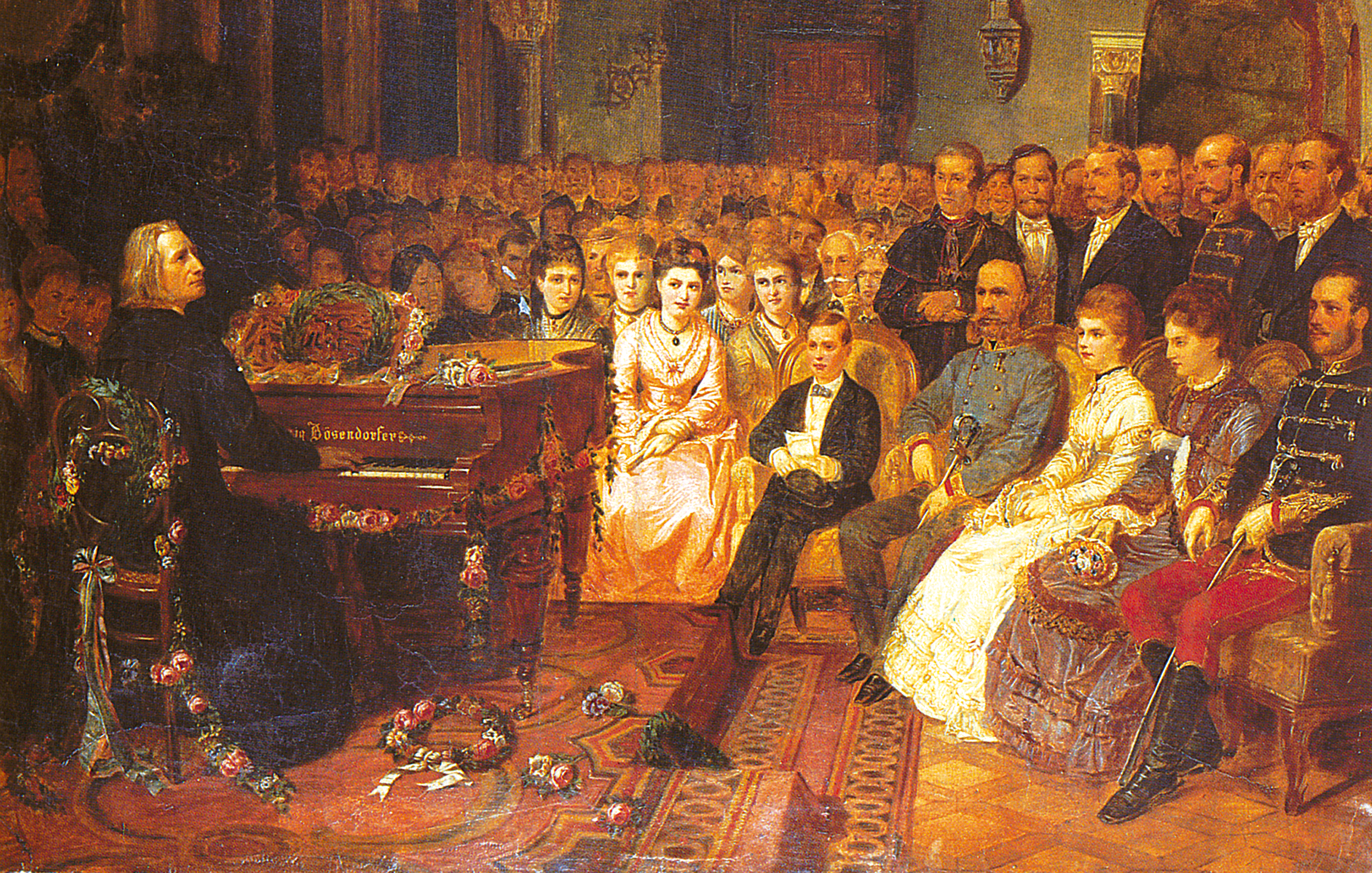 Franz Liszt spielt für für Kaiser Franz Josef und Kaiserin Elisabeth in der Redoute von Buda. Replik von Franz Schmau und Karl Lafitte. 