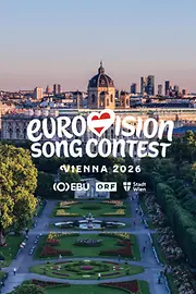 Blick über den Volksgarten mit Schriftzug "Eurovision Song Contest" und Logos von EBU, ORF und Stadt Wien