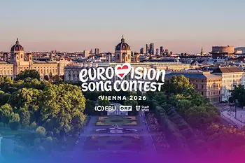 Blick über den Volksgarten mit Schriftzug "Eurovision Song Contest" und Logos von EBU, ORF und Stadt Wien