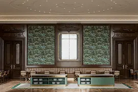A grand breakfast room with ornate wooden paneling, patterned green wallpaper, parquet floors, and long banquette seating with marble-topped tables, arranged symmetrically around two central service counters.