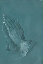 Detailed drawing of folded praying hands against a blue background.