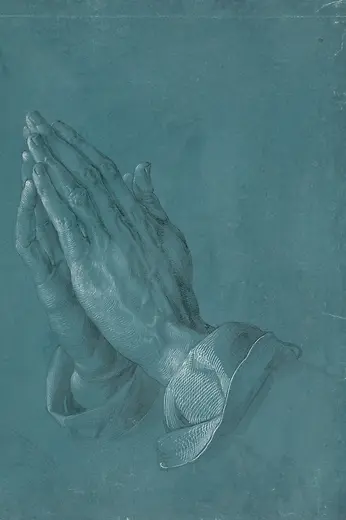 Detailed drawing of folded praying hands against a blue background.