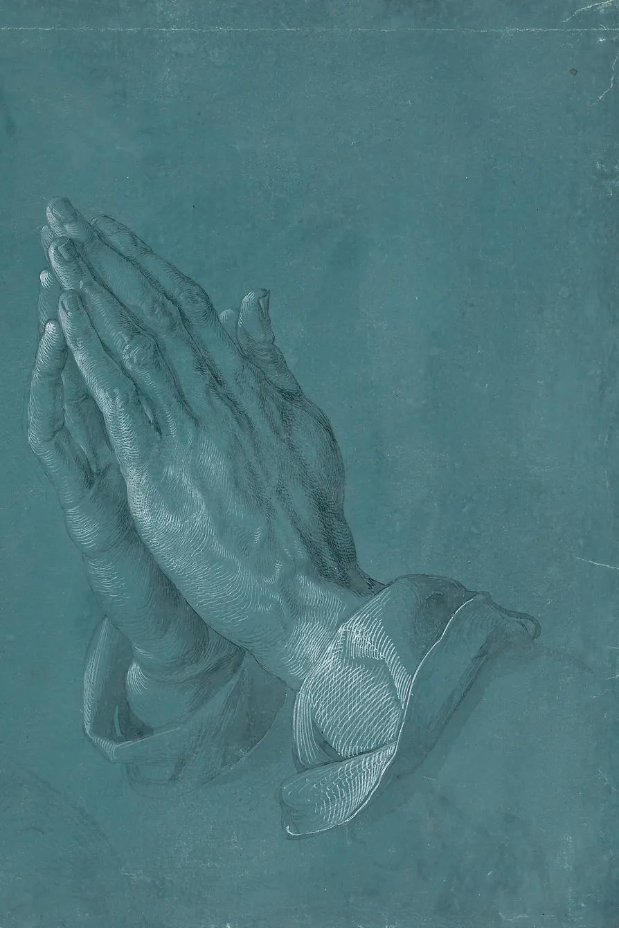 Detailed drawing of folded praying hands against a blue background.