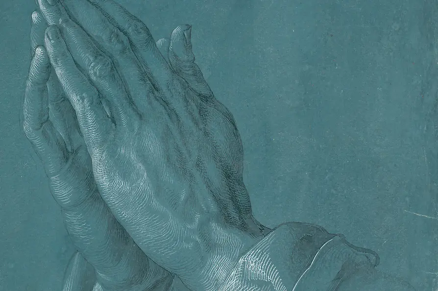 Detailed drawing of folded praying hands against a blue background.
