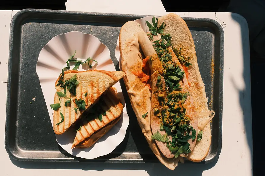 A tray holds a sausage in a bread roll topped with herbs and seasoning, alongside a toasted sandwich in paper.