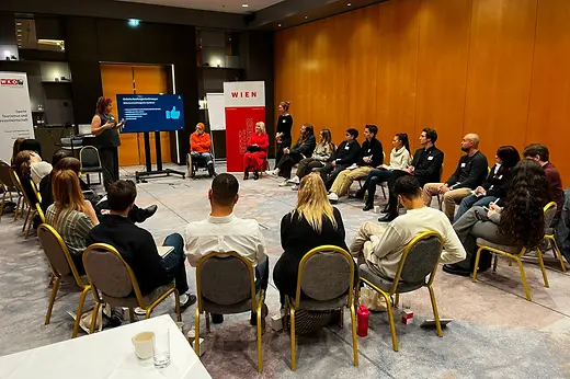 Participants take part in an accessibility awareness training session at the Vienna Marriott Hotel. The image shows practical learning to improve inclusive service and barrier-free access.