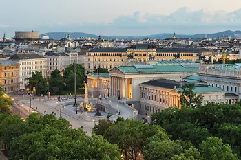 View of the Ringstrasse boulevard with Parliament and Palais Epstein