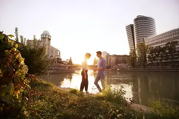 Strandbar Herrmann, Danube Canal, couple with sunset in the background