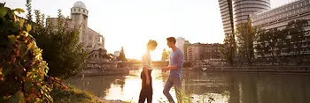 Strandbar Herrmann, Danube Canal, couple with sunset in the background