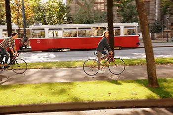 Radfahrer am Radweg auf der Ringstraße