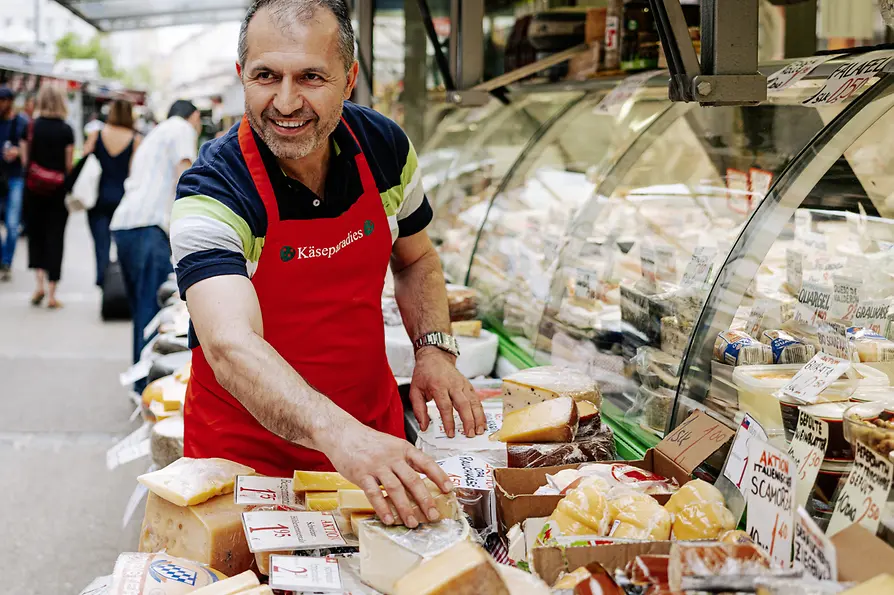 Cheese stall at Brunnenmarkt 