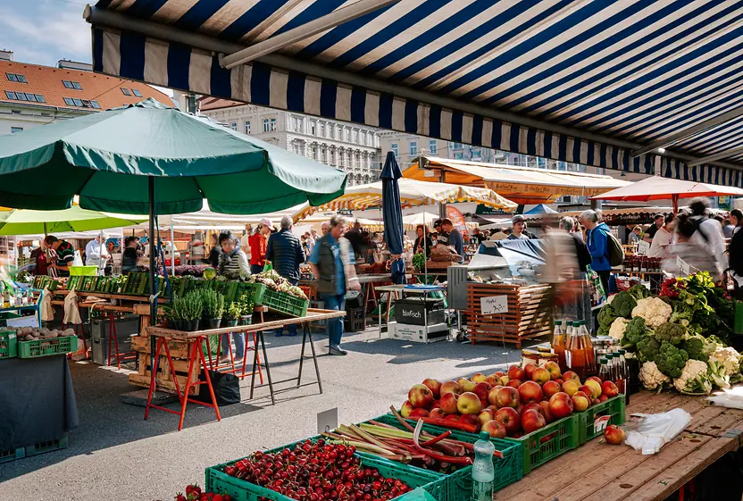 Food stands at the Karmelitermarkt in Vienna