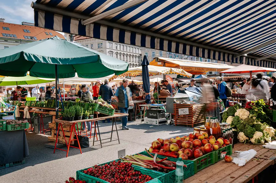 Food stands at the Karmelitermarkt in Vienna