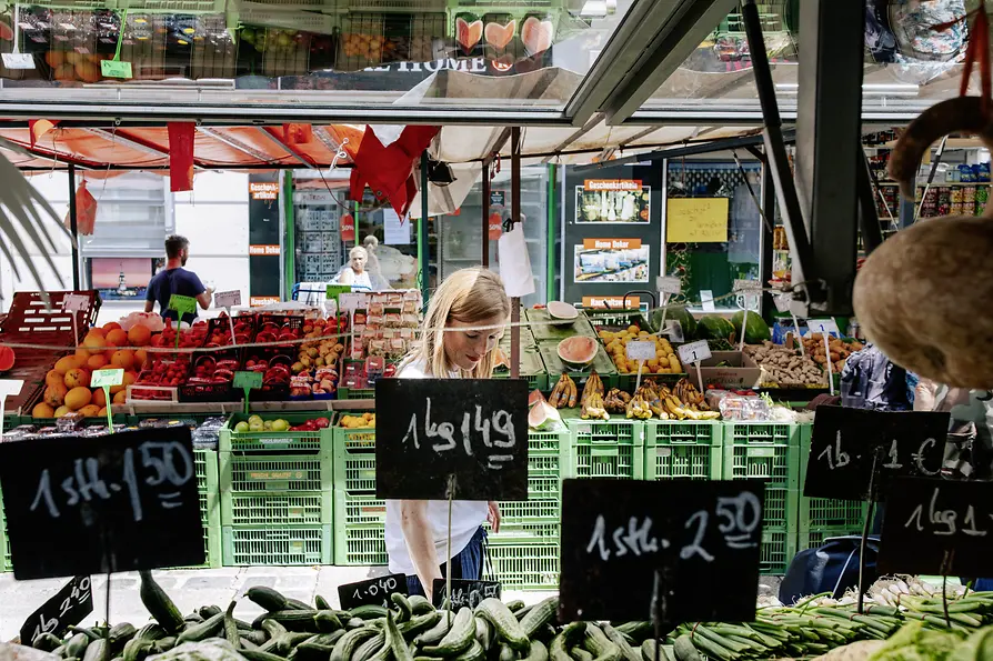 Food stand at the Brunnenmarkt in Vienna