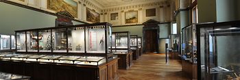View inside the hall of the new prehistoric collection with historic display cases 