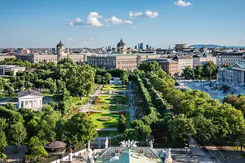 View of the Volksgarten, the Natural History and Art History Museums and the Parliament