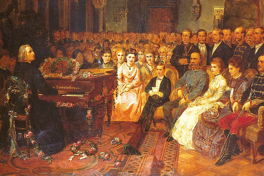Franz Liszt plays for Emperor Franz Josef and Empress Elisabeth in the Redoute of Buda. Painting by Franz Schnau and Karl Lafitte. 