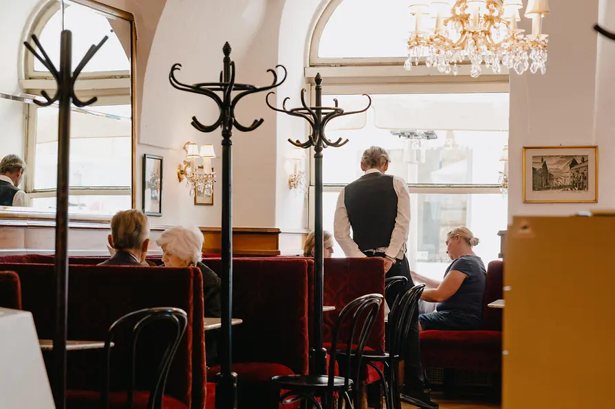 Café Frauenhuber, interior view, guests, waiter