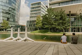 Viertel Zwei, lake, buildings, people