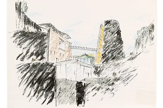 Hans Hollein Collaboration with Atelier 4 (FR), \"Vulcania\" - Museum of Volcanism, Saint-Ours-Les-Roches, France, 1994-2002, Sketch.