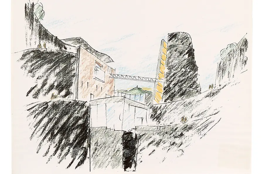 Hans Hollein Collaboration with Atelier 4 (FR), "Vulcania" - Museum of Volcanism, Saint-Ours-Les-Roches, France, 1994-2002, Sketch.