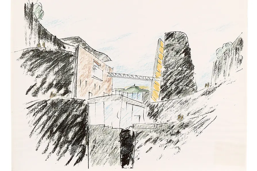 Hans Hollein Collaboration with Atelier 4 (FR), \"Vulcania\" - Museum of Volcanism, Saint-Ours-Les-Roches, France, 1994-2002, Sketch.