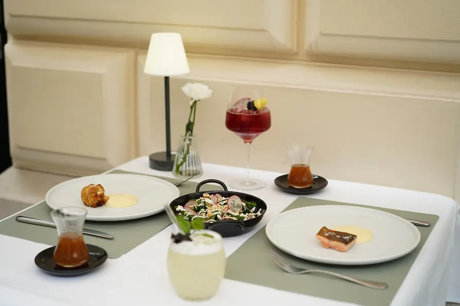 Restaurant bar, interior view, set table with food