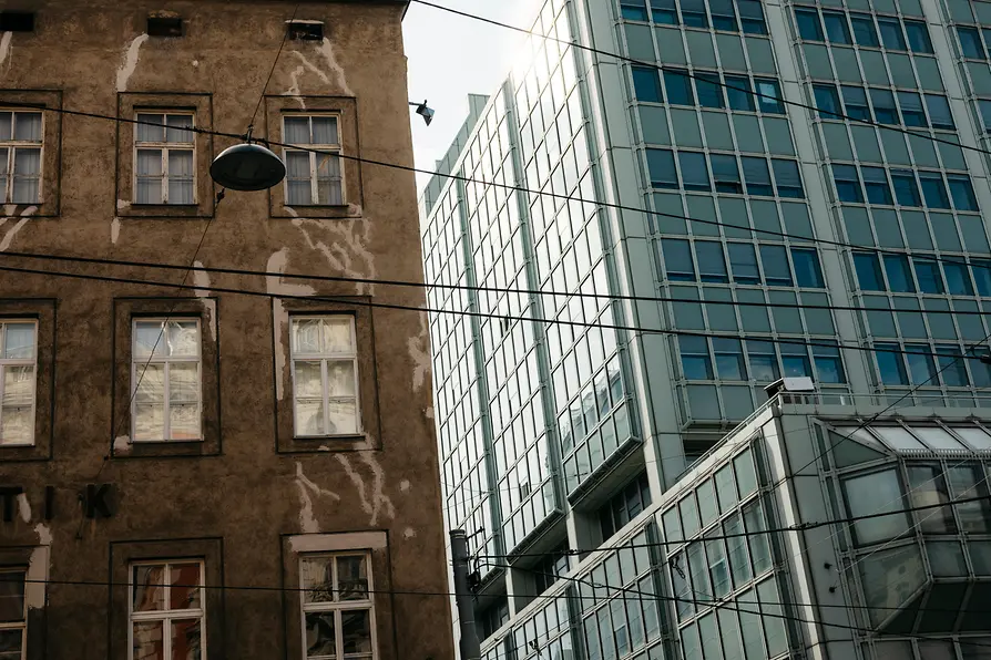Gußhausviertel, architecture, exterior view of an old house facade next to the facade of a modern building