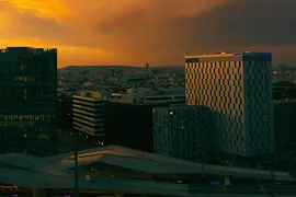 Sonnwendviertel, Belvedere district, panorama: main station, high-rise buildings, evening atmosphere