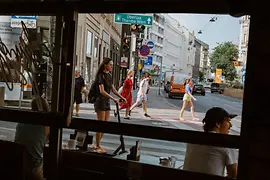 View from a restaurant out onto a street in the Freihausviertel