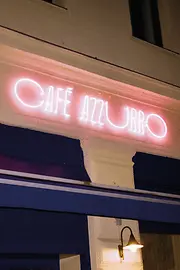 Café Azzuro, exterior view, sign