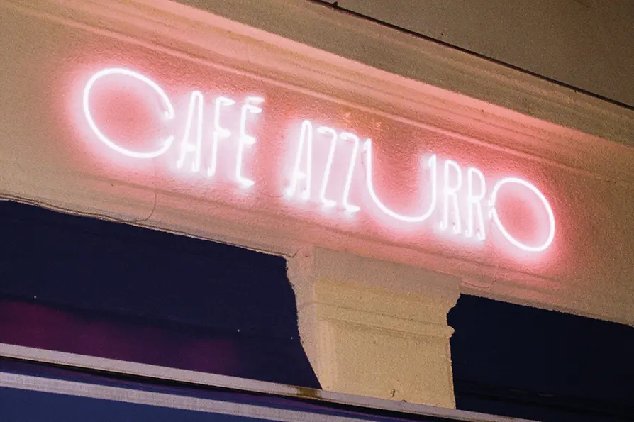 Café Azzuro, exterior view, sign