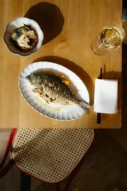 Restaurant, Cucina Itameshi, interior view, table, fish dish