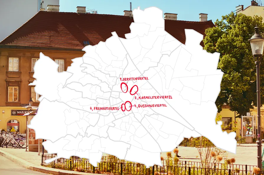 Map of four neighborhoods in Vienna