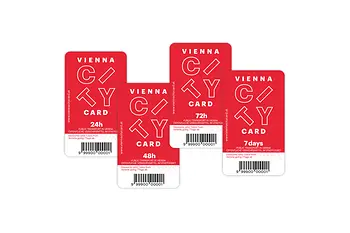 Vienna City Card. Abbildung von vier Karten: 24 Stunden, 48 Stunden, 72 Stunden und 7 Tage