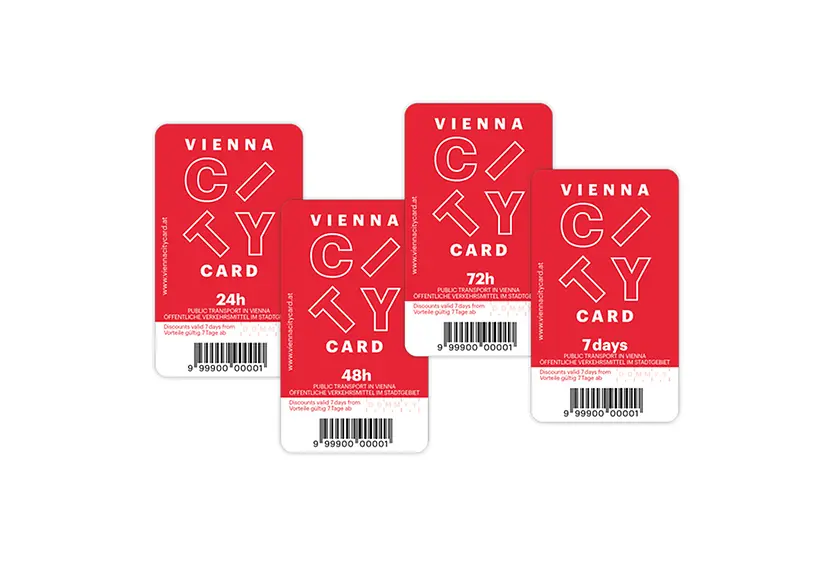 La Vienna City Card. Illustration de quatre cartes : 24 heures, 48 heures, 72 heures et 7 jours