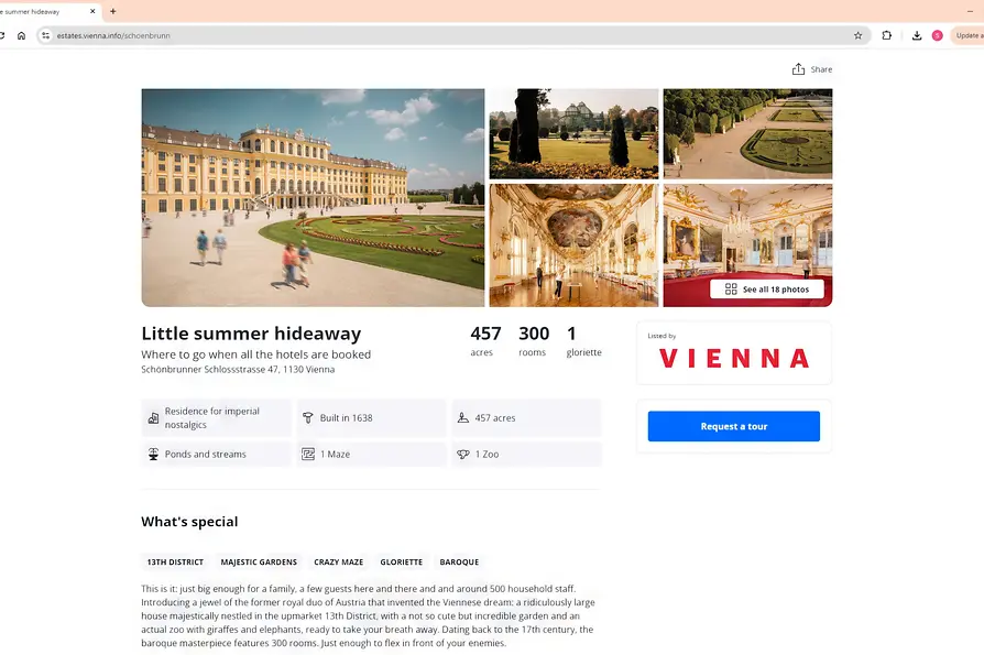WienTourismus Screenshot Zillow Landingpage Schönbrunn