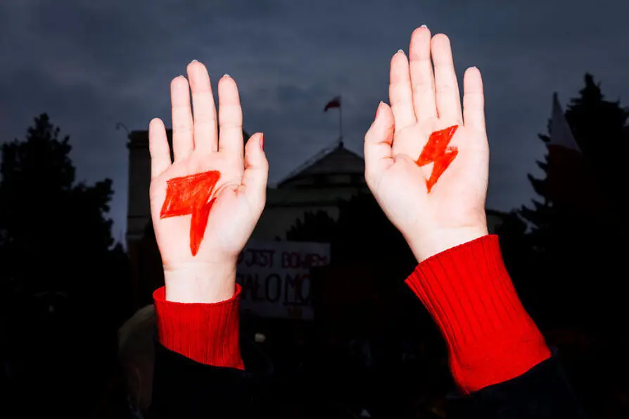The sixth day of protests against the introduction of a more restrictive abortion ban. Crowds protesting in front of the Polish parliament building, Warsaw, Poland, 28