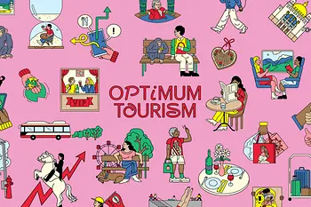 Vienna Visitor Economy Strategie 2030 | Text "Optimum Tourism" mit bunten Wien-Illustrationen
