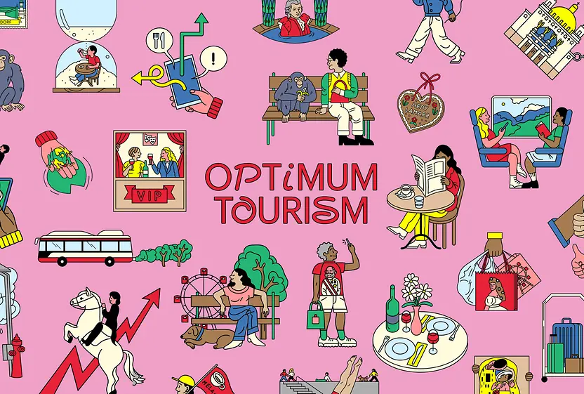 Vienna Visitor Economy Strategy 2030 | Text “Optimum Tourism” with colorful illustrations of Vienna