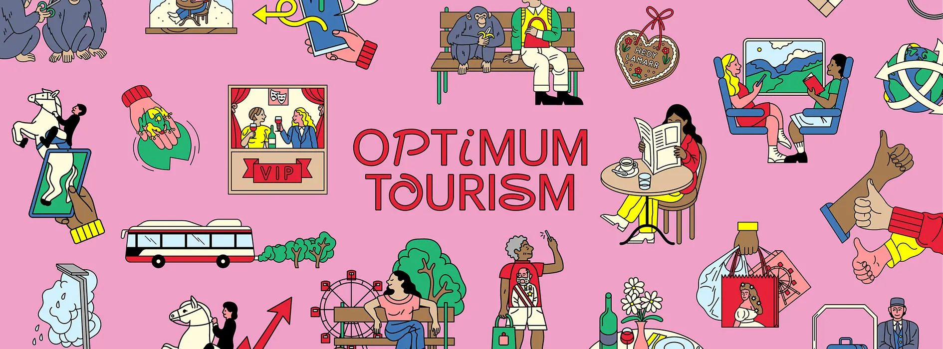 Vienna Visitor Economy Strategie 2030 | Text "Optimum Tourism" mit bunten Wien-Illustrationen