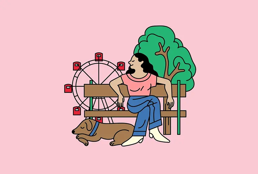 Illustration | Person auf Bank im Wiener Prater vor dem Wiener Riesenrad