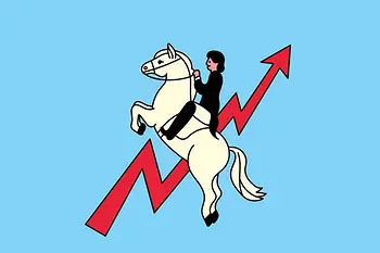 Illustration | Person auf springendem Lippizzaner mit rotem Wachstumspfeil im Hintergrund