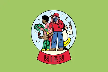 Illustration | Schneekugel mit Wien-Tourist:innen und "Wien" Schriftzug