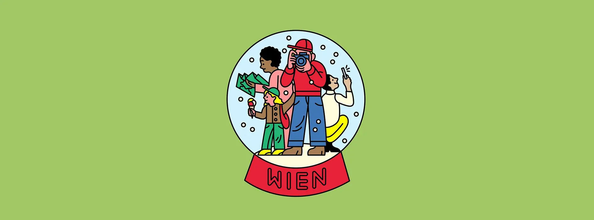 Illustration | Schneekugel mit Wien-Tourist:innen und "Wien" Schriftzug
