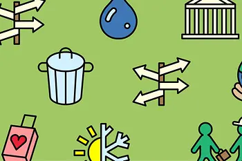 Illustration | Straßenschilder, Mülleimer, Wassertropfen, Weltkufel, Rollstuhl, Glühbirne, Sonne & Schneeflocke
