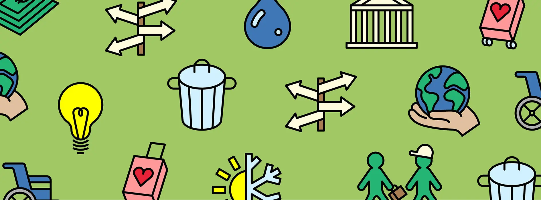 Illustration | street signs, trash can, water drop, world devil, wheelchair, light bulb, sun & snowflake