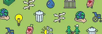 Illustration | Straßenschilder, Mülleimer, Wassertropfen, Weltkufel, Rollstuhl, Glühbirne, Sonne & Schneeflocke
