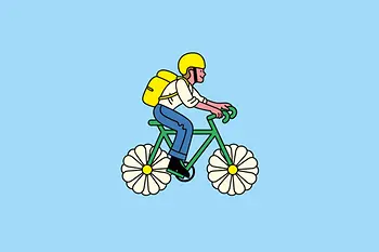 Illustration | Person auf Fahrrad mit Gänseblümchen als Rädern