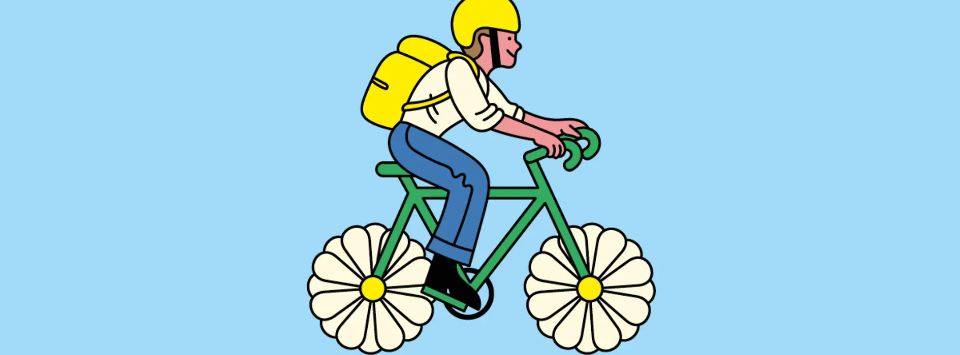 Illustration | Person auf Fahrrad mit Gänseblümchen als Rädern